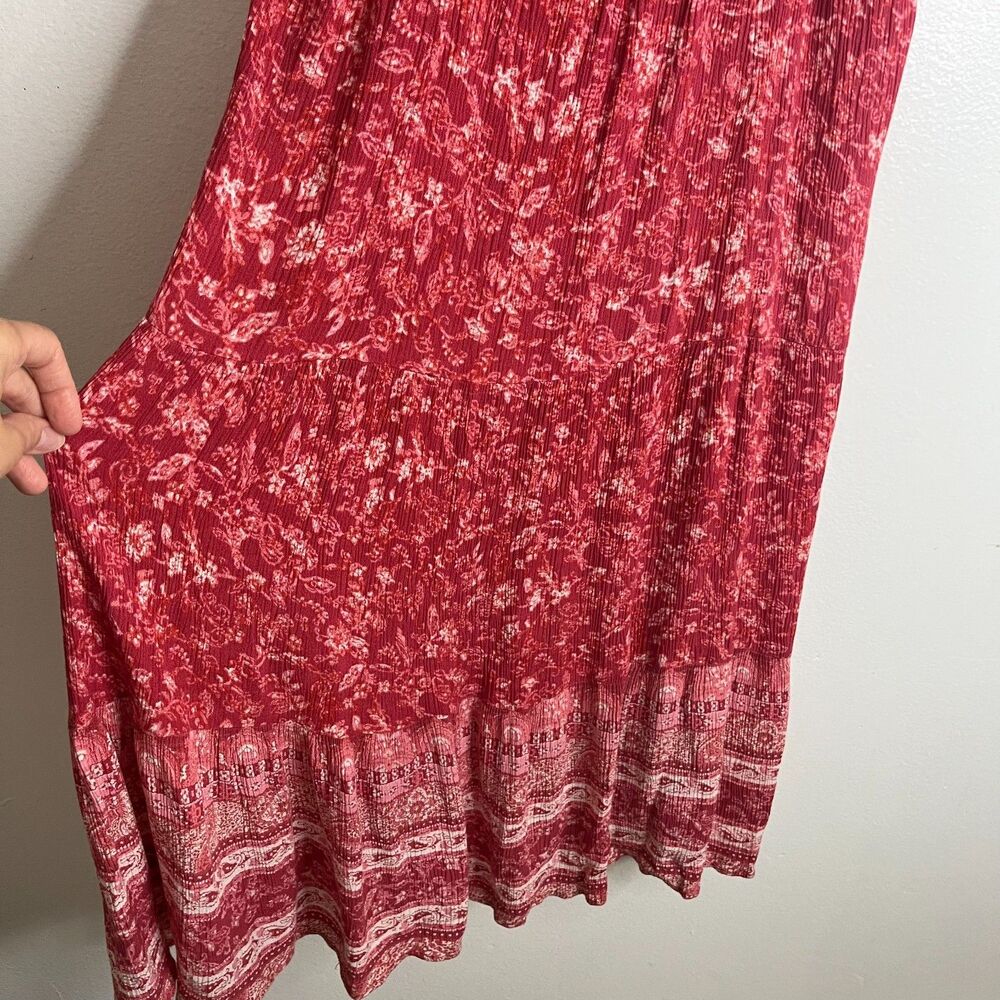 Knox Rose Paisley Smocked Tiered Dress Floral Red Ruffle Tie Straps Stretch Sz L - Picture 5 of 7